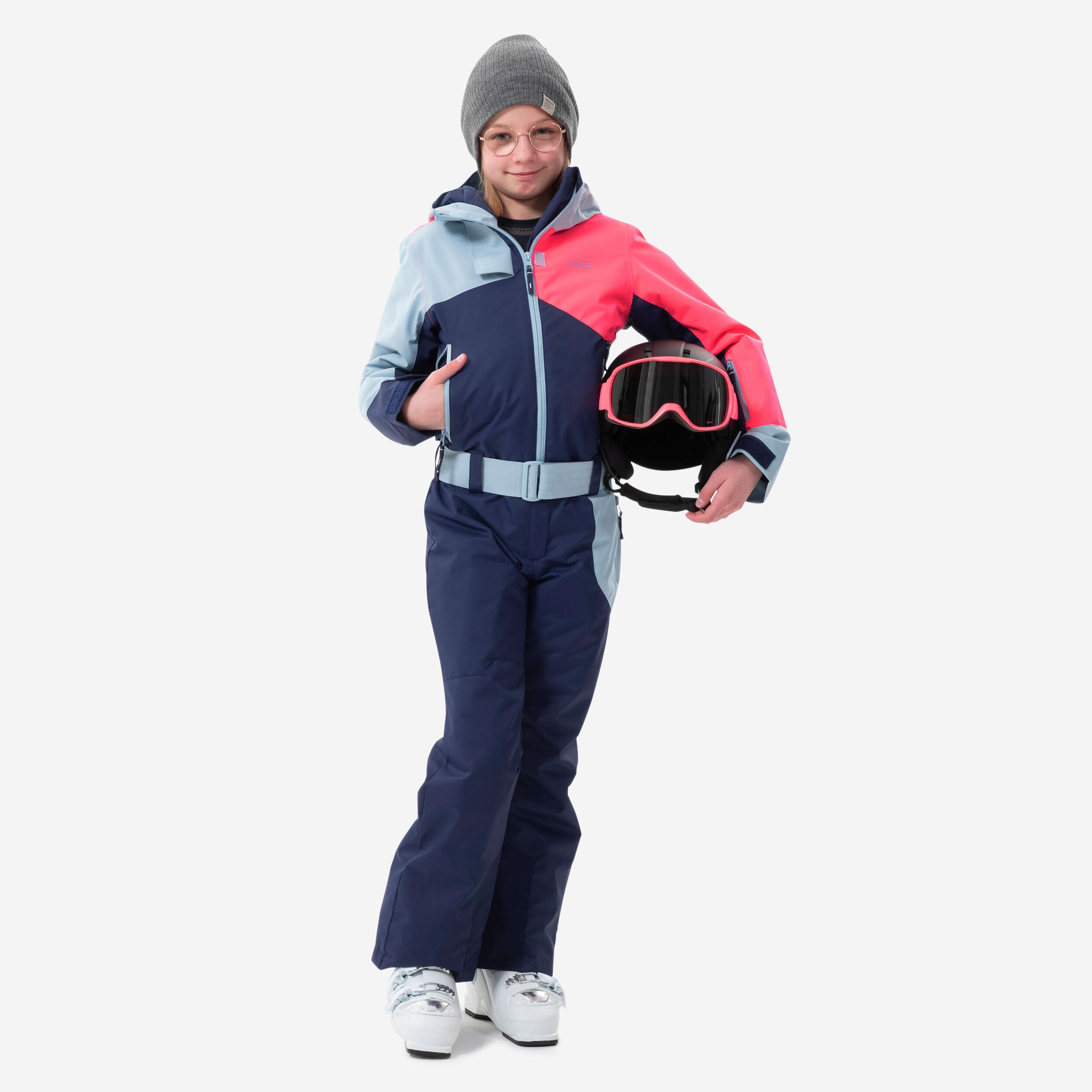 KIDS’ WARM AND WATERPROOF SKI SUIT 500 PINK AND BLUE 1/11