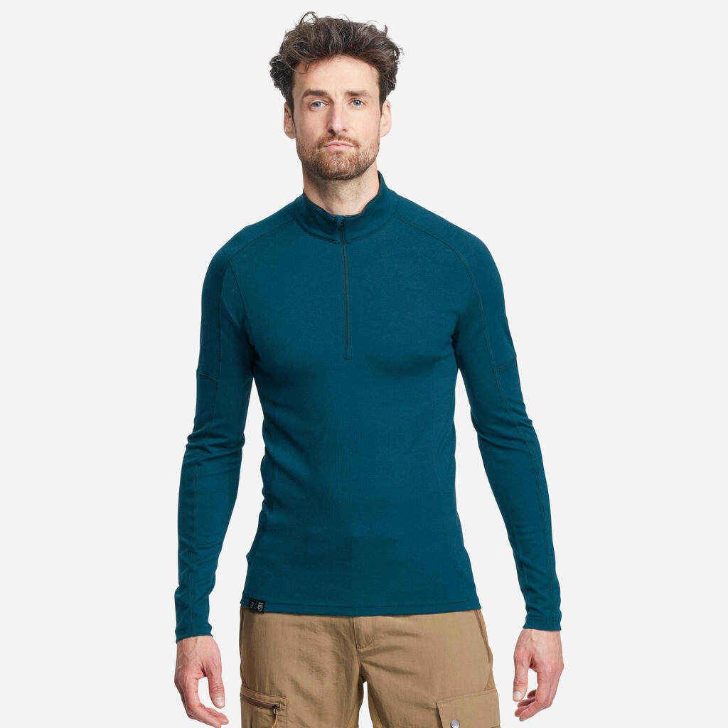 Men's Mountain Trekking Merino Wool Long-Sleeved T-Shirt with zip collar - MT500