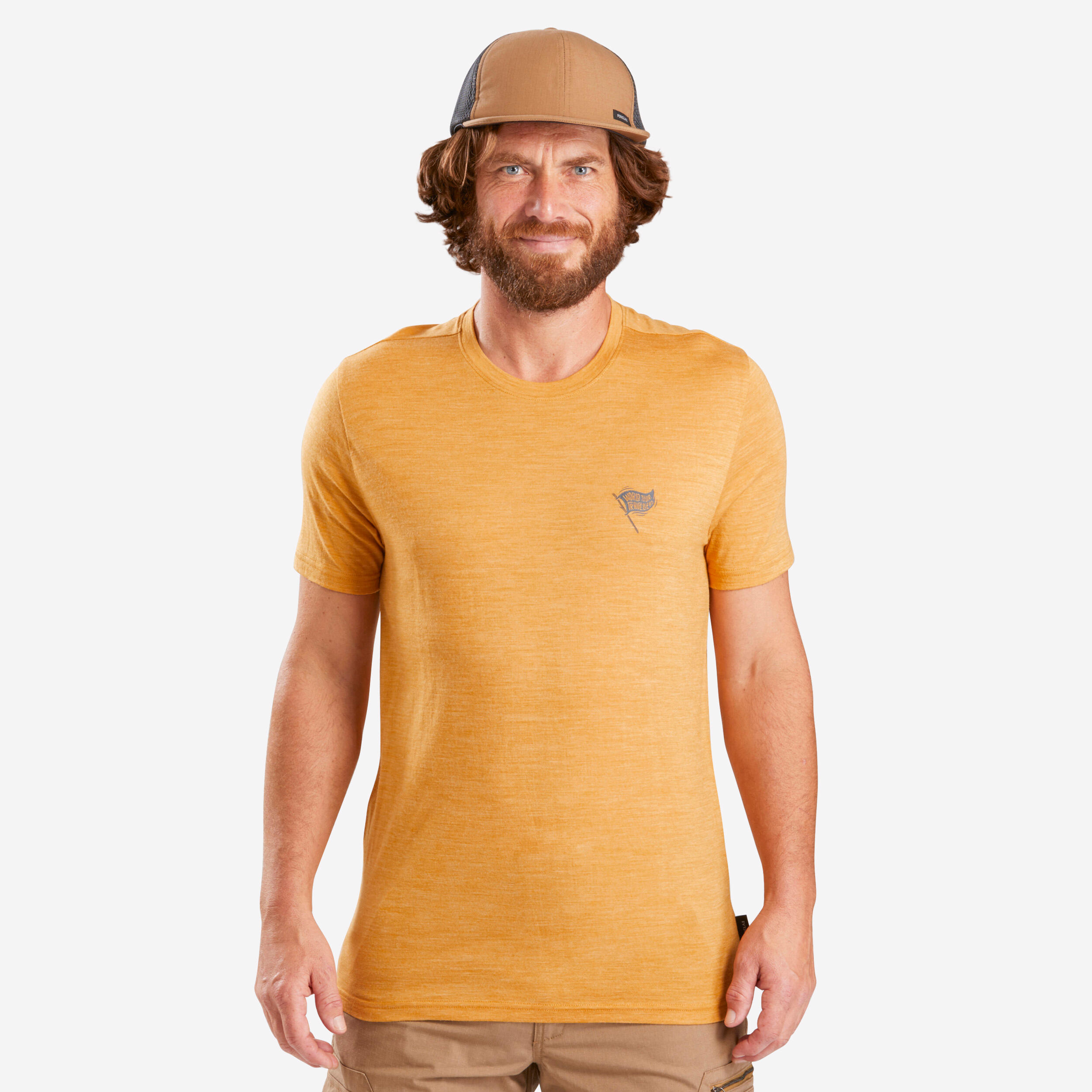 FORCLAZ Men’s short-sleeved Merino wool hiking travel t-shirt - TRAVEL 500 yellow