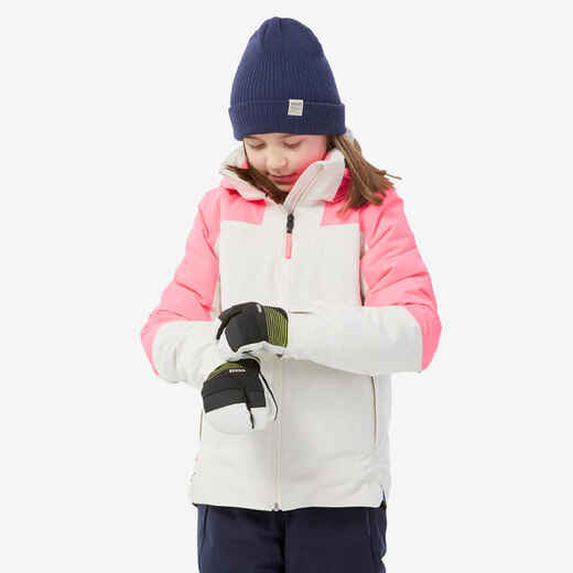 
      Detská lyžiarska hrejivá a nepremokavá bunda 900 bielo-ružová
  