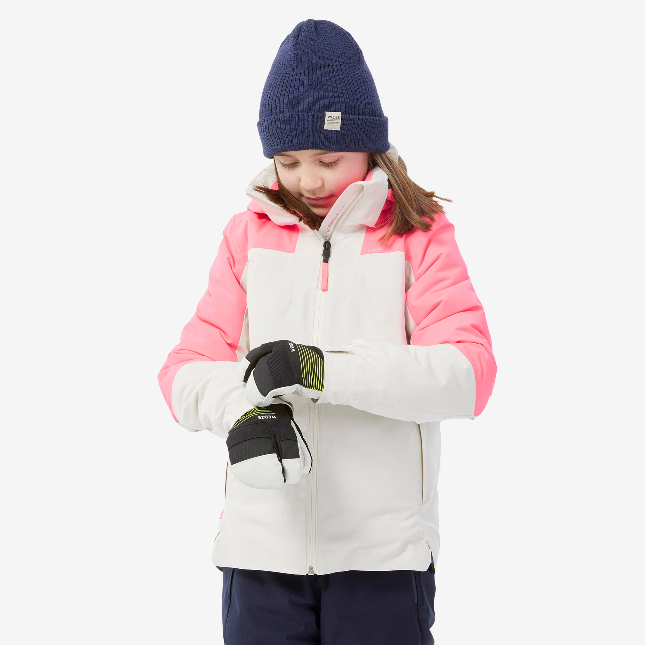 Warm, waterproof 900 children's ski jacket - White and pink