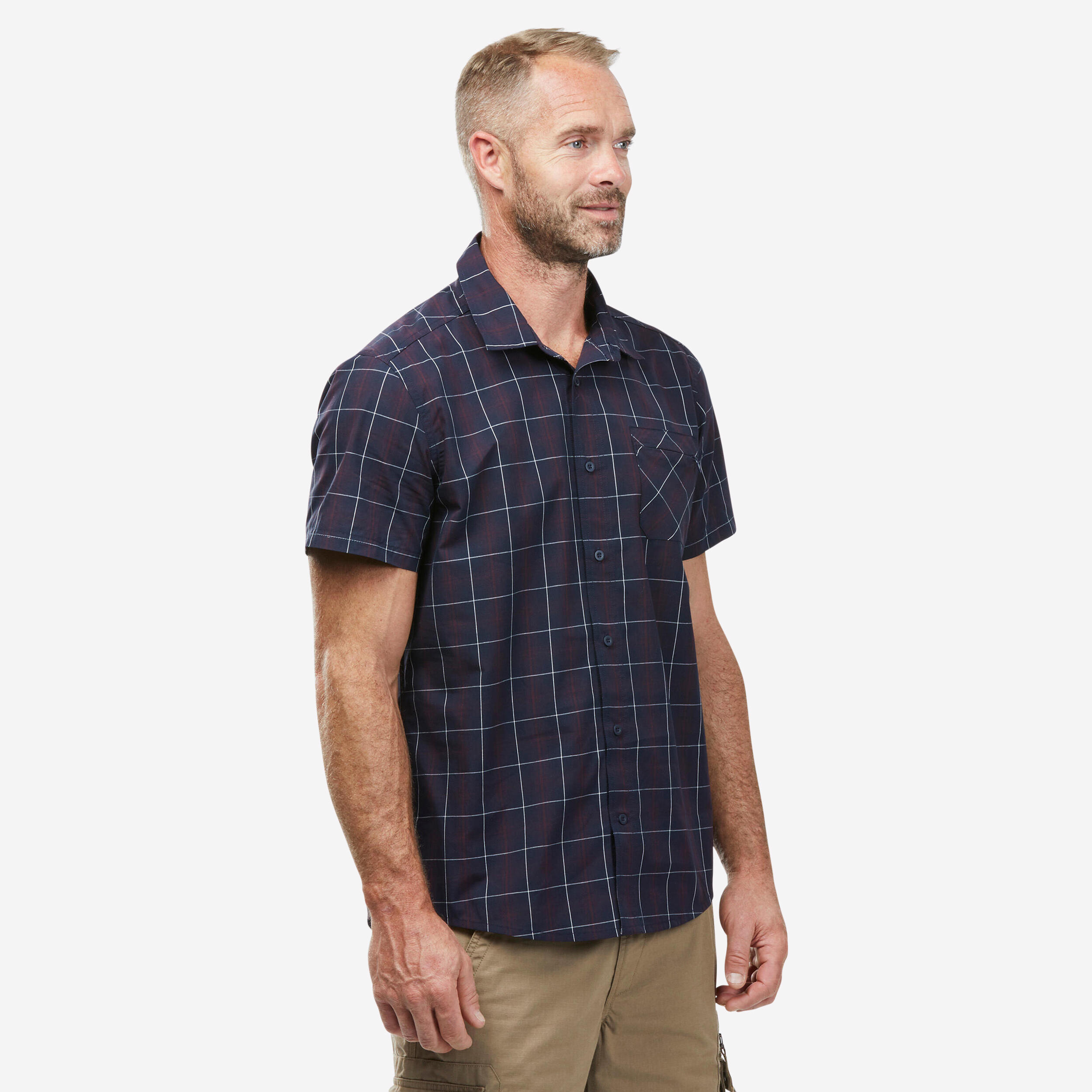 Camicia da trekking a maniche corte a quadri TRAVEL 100 da uomo, nera