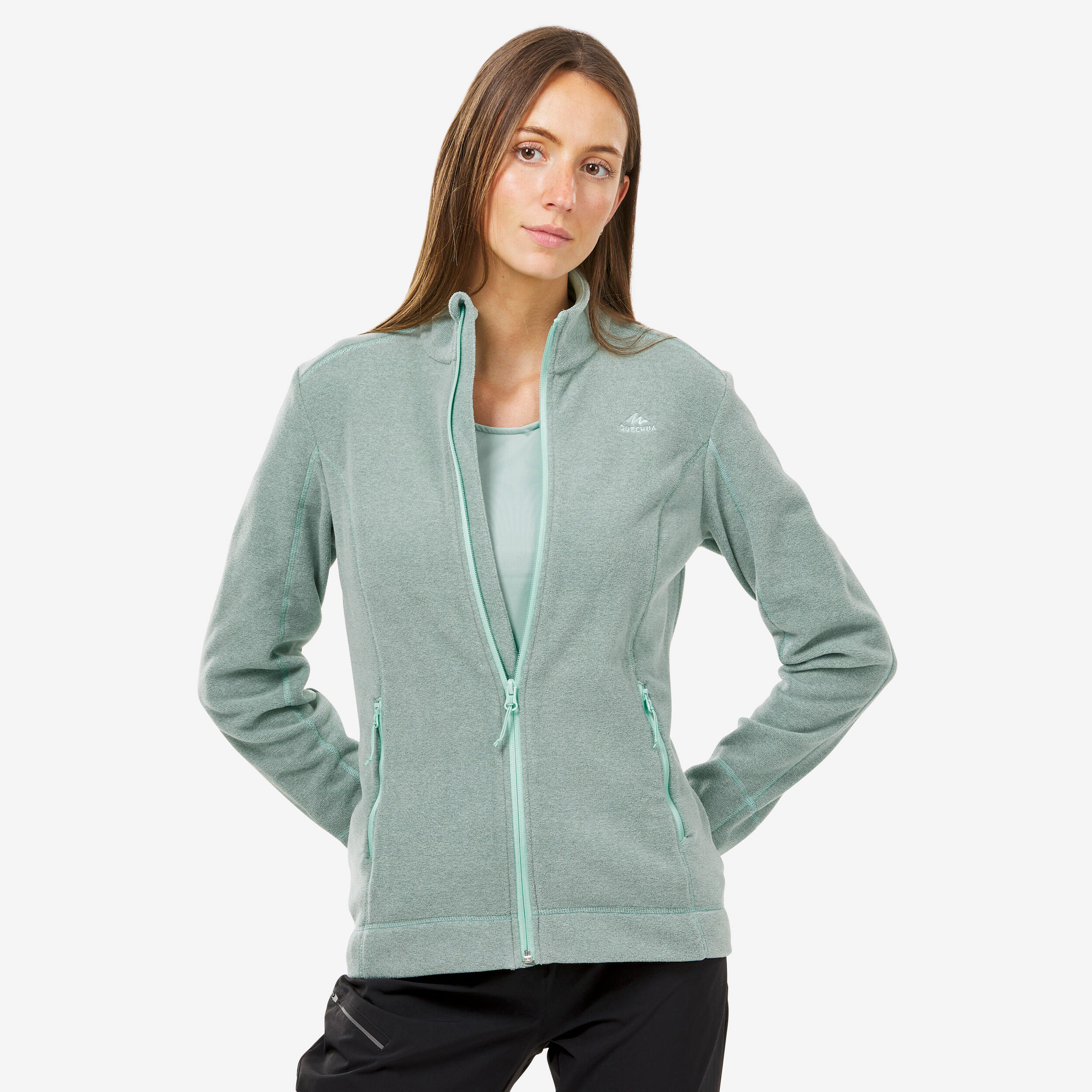 Women Sweater Full-Zip Fleece for Hiking MH100 Pale Mint