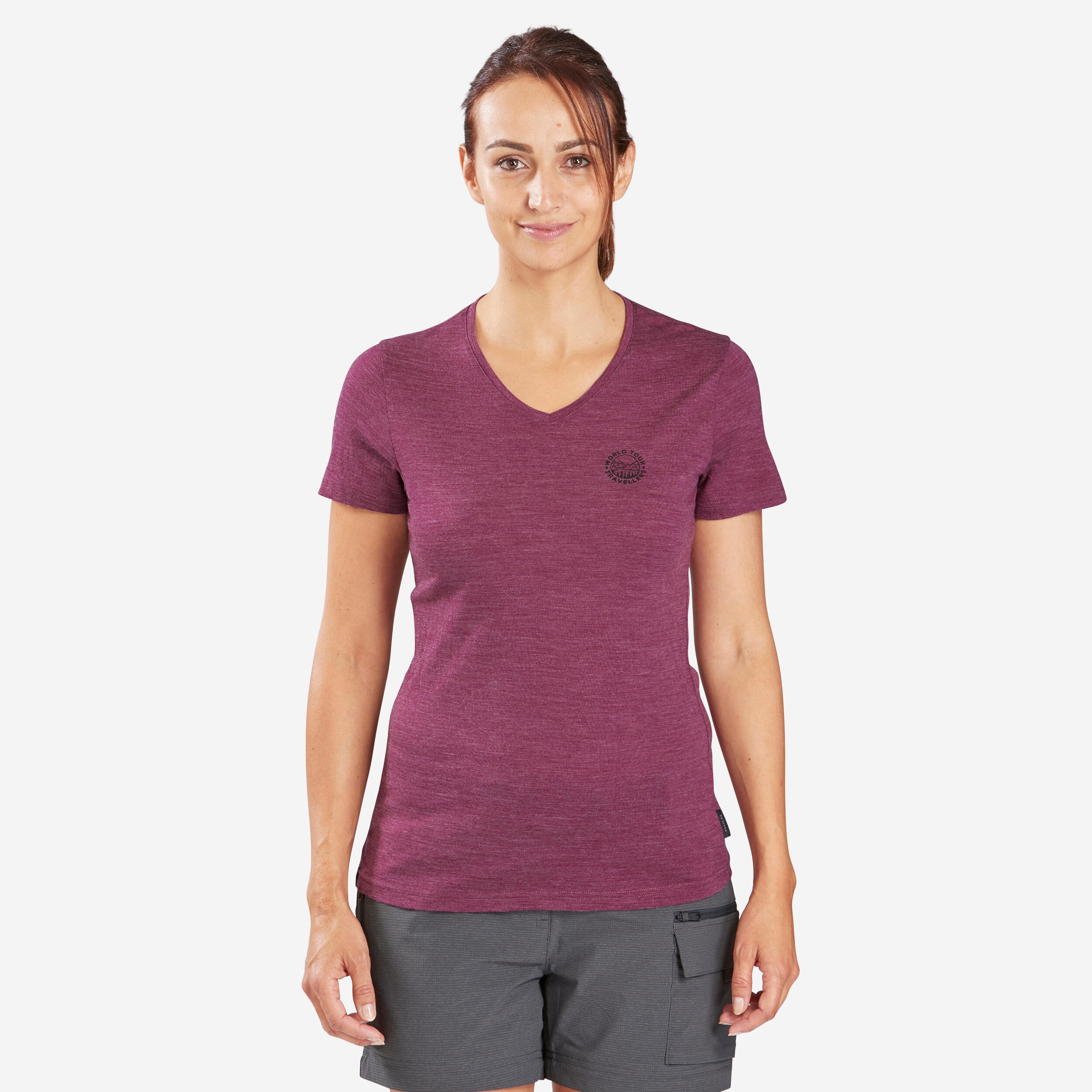 Women's Travel Trekking Merino Wool Short-Sleeved T-Shirt - TRAVEL 500 1/7