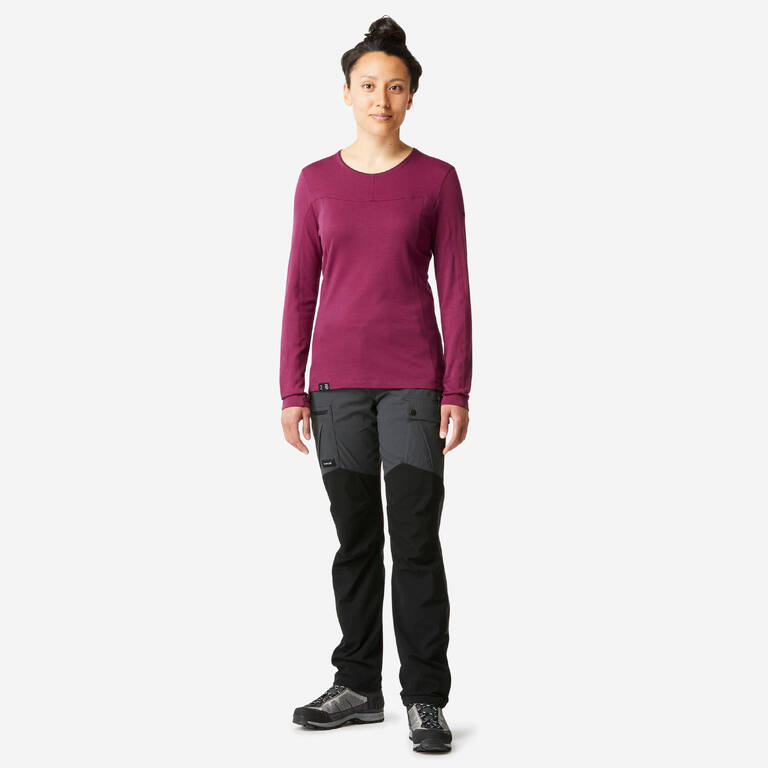 Kaos Trekking Wol Merino Panjang Wanita MT500 - Burgundy