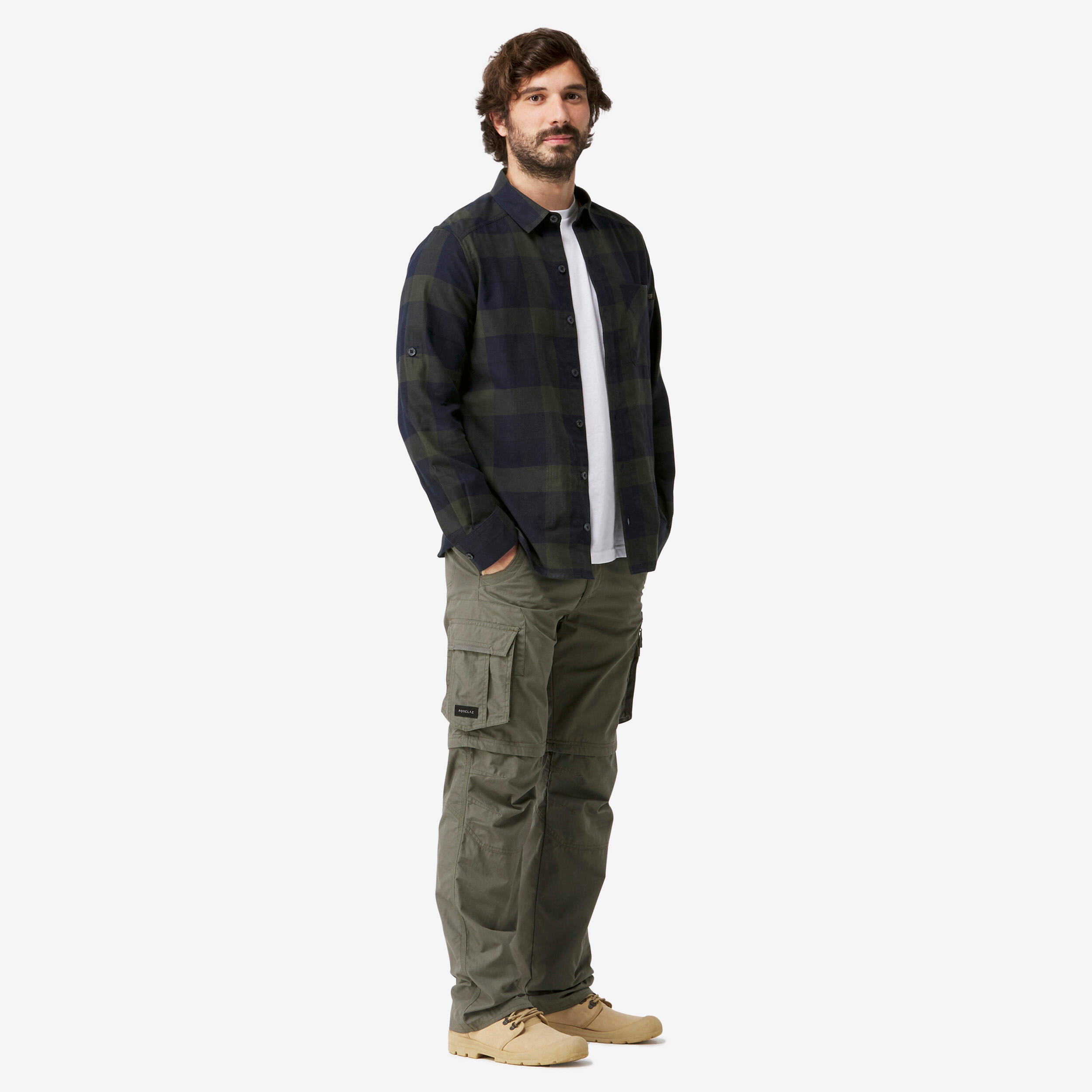 CAMISA DE SENDERISMO VIAJE TRAVEL500 WARM VERDE HOMBRE