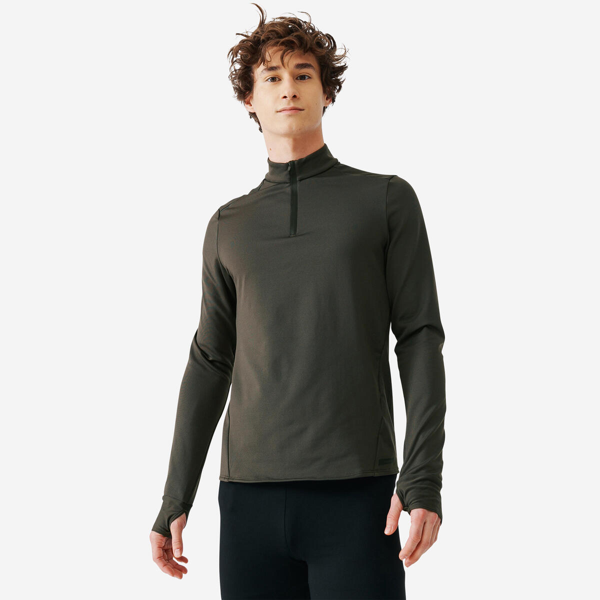 Tee shirt manches longues de running chaud homme kalenji kaki