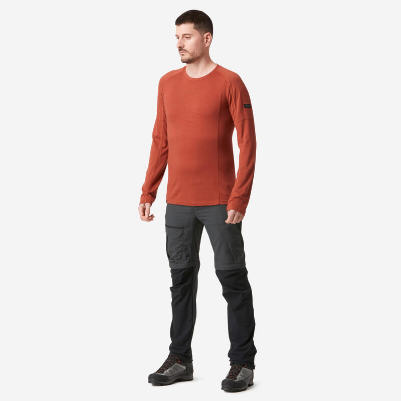 Men's Mountain Trekking Long-sleeved Merino T-Shirt - TREK 500 - Orange