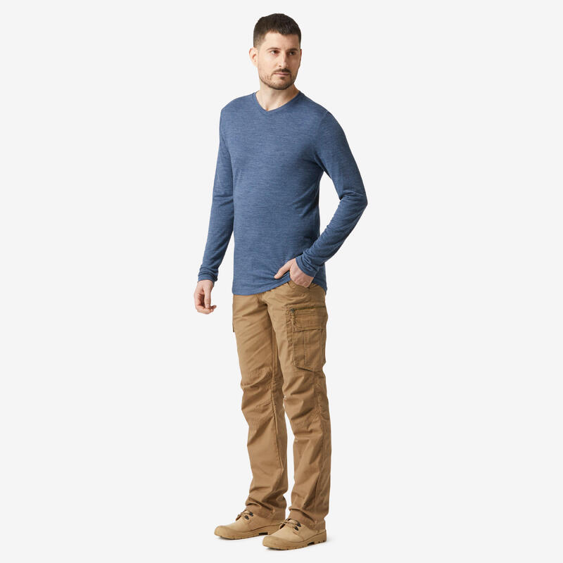 T-shirt laine mérinos de trek voyage - TRAVEL 500 manches longues bleu homme