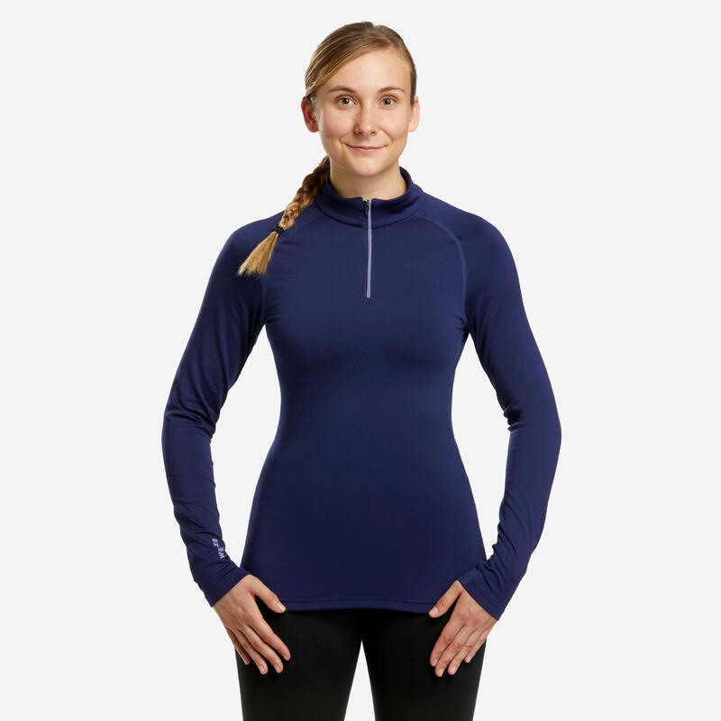 Thermoshirt voor skiën dames BL 500 1/2 rits marineblauw