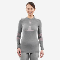 Sous-vêtement thermique de ski femme 900 laine mérinos seamless haut - gris/rose