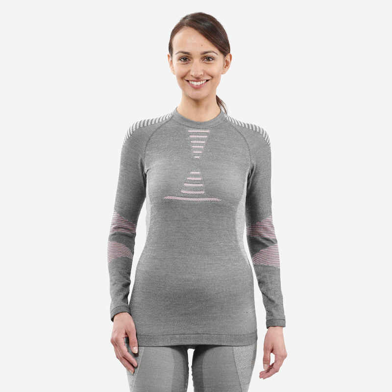 Women’s Seamless Skiing Merino Wool Thermal Base Layer 900  Grey and Pink