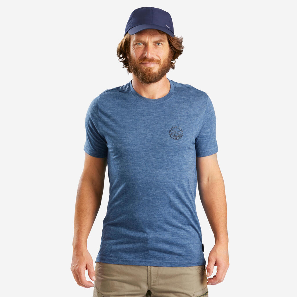 Camiseta manga corta Lana de merino Trekking viaje Hombre Travel 500 Azul