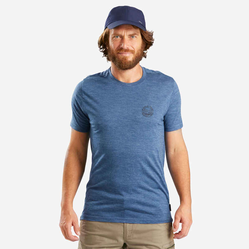 Men’s short-sleeved Merino wool hiking travel t-shirt - TRAVEL 500 blue