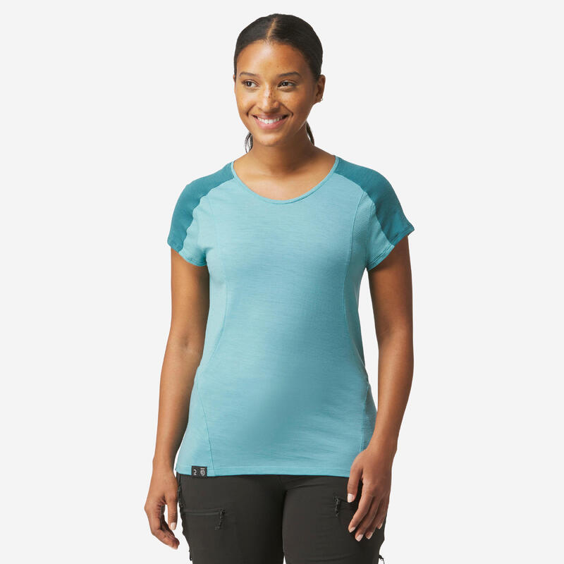 T-shirt lana merinos trekking donna MT500 WOOL turchese