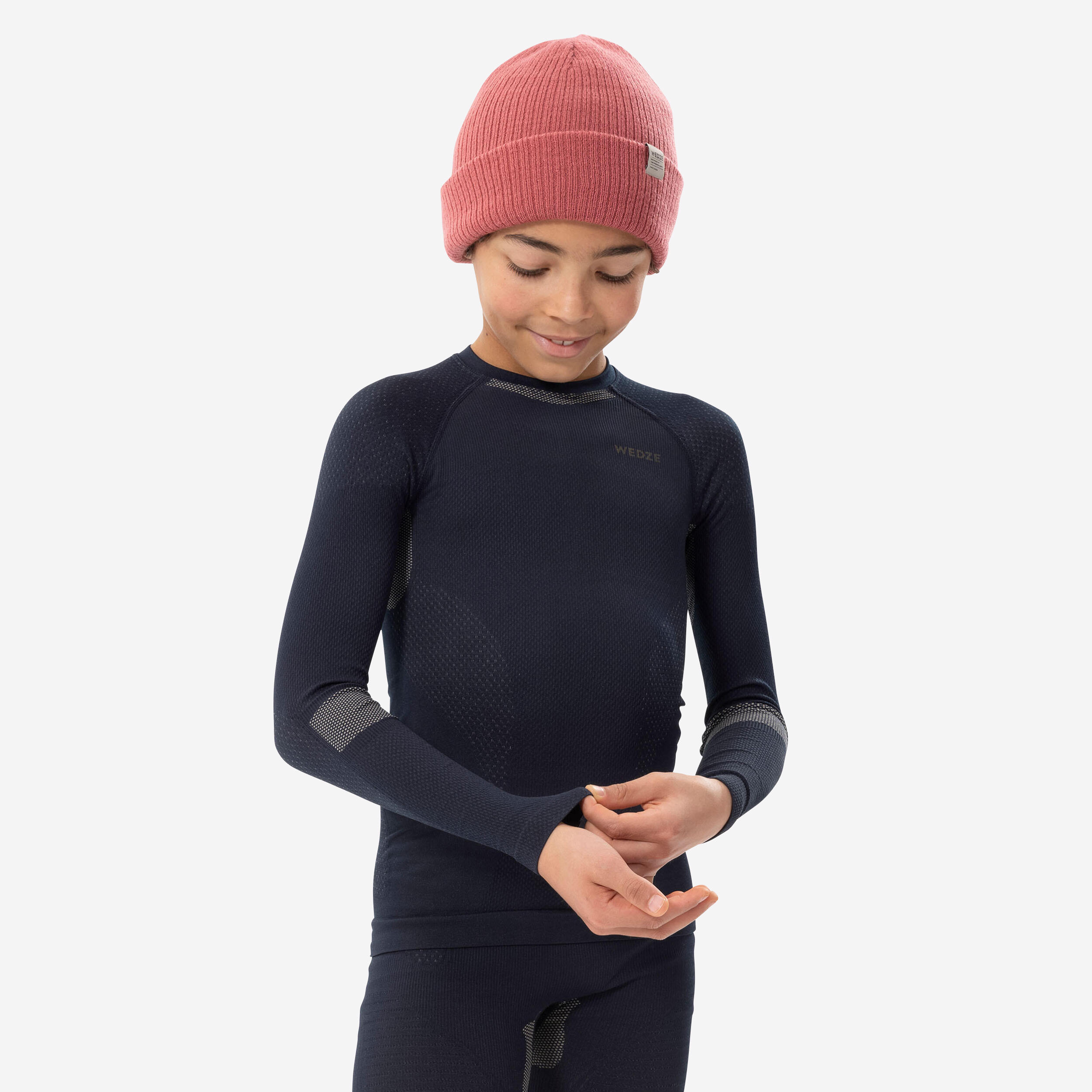 WEDZE KIDS’ SKI BASE LAYER TOP - BL 500 SEAMLESS - BLUE & SAND