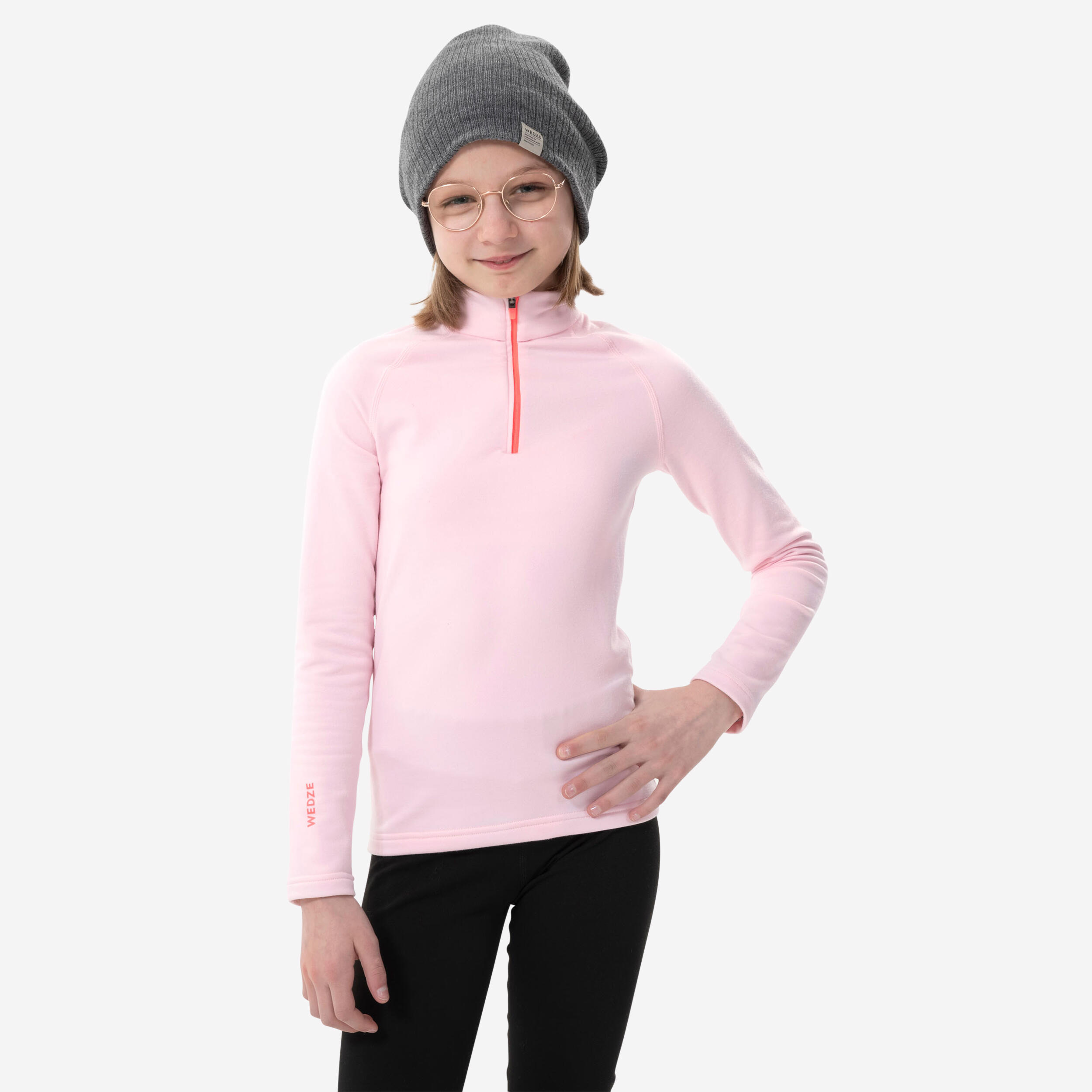 WEDZE Kids’ Ski Base Layer 1/2 Zip Top - BL 500 - Pink