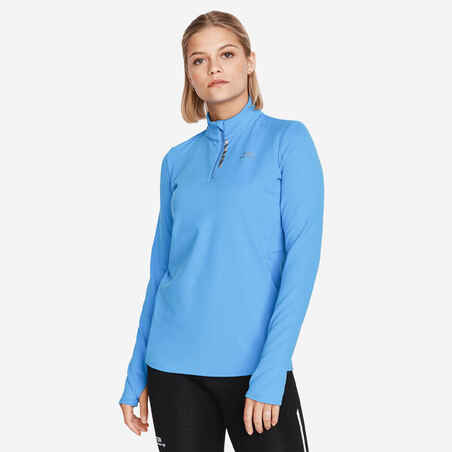 Modra ženska tekaška majica z dolgimi rokavi RUN WARM