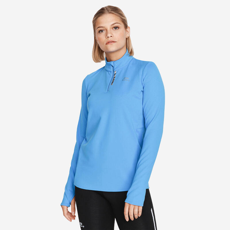 T-shirt manches longues chaud running femme - Zip warm bleu