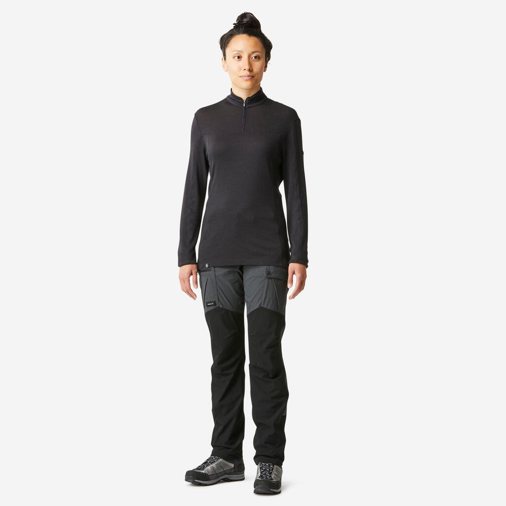 Moteriški merino vilnos ilgarankoviai marškinėliai „Trek 500 Merino Zip“, juodi