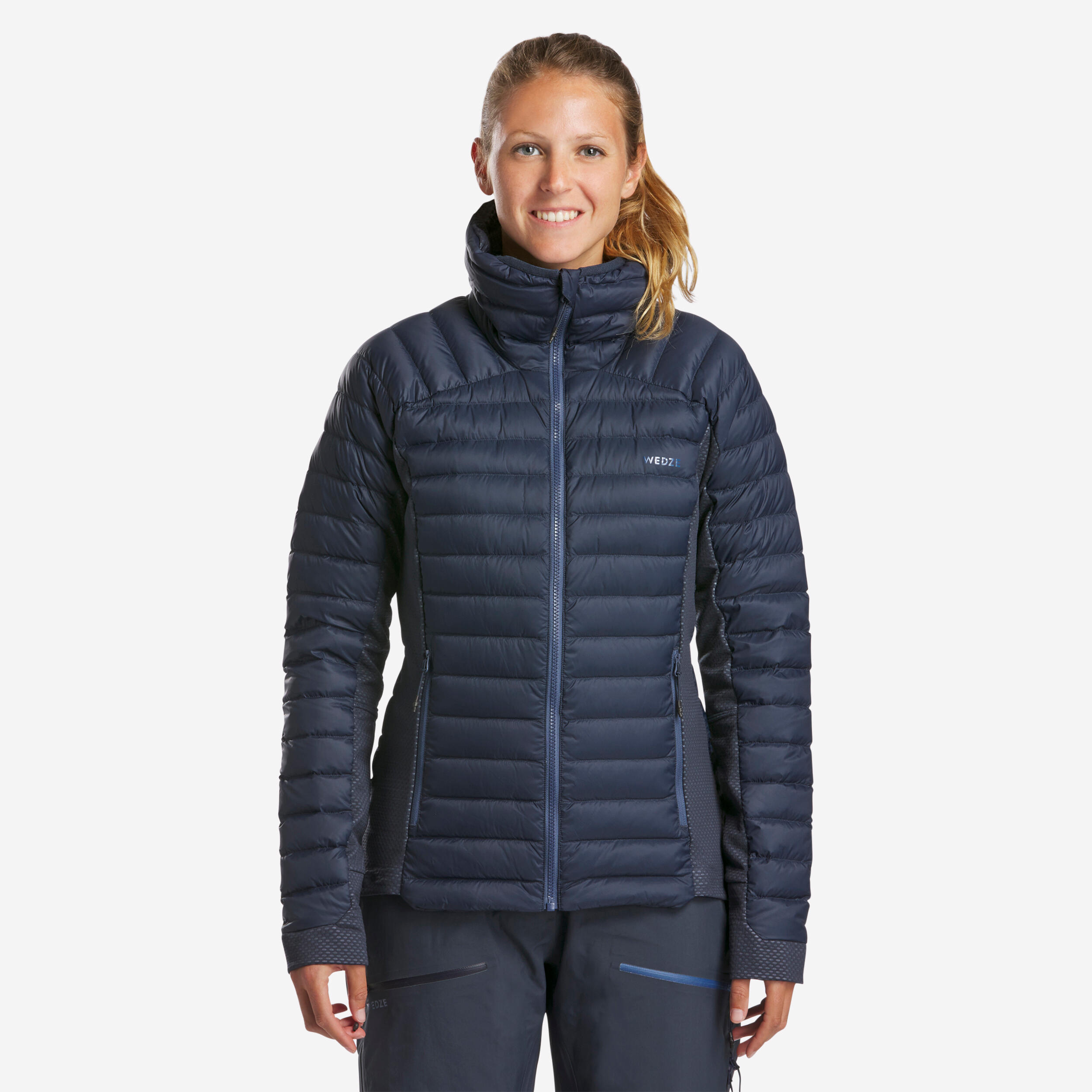 Women's 900 navy blue down-filled lightweight ski down jacket.