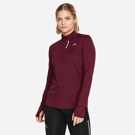 T-shirt manches longues chaud running femme - Zip warm bordeaux