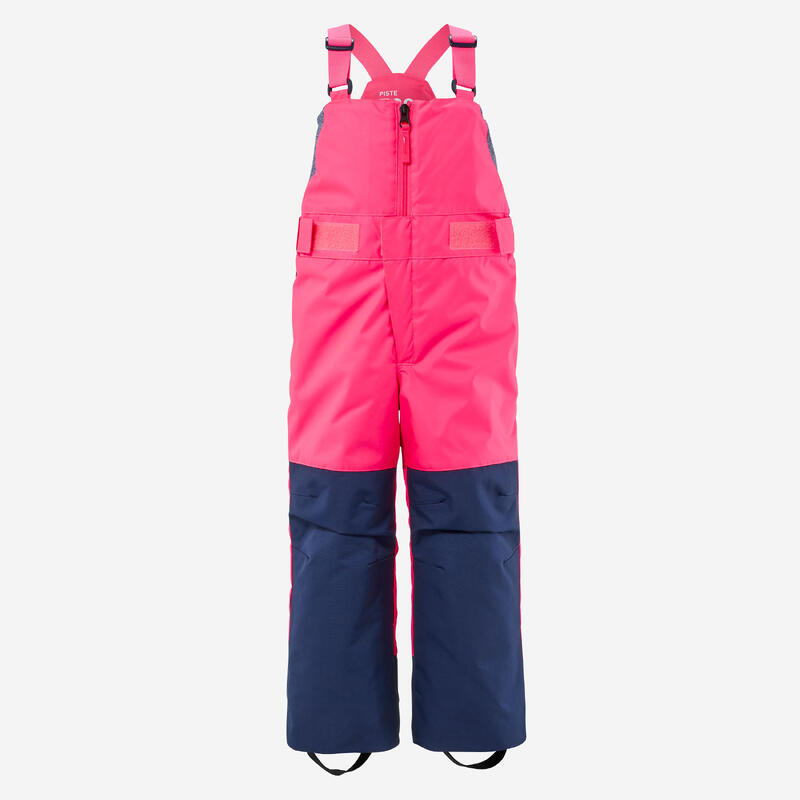 Jardineiras de Ski Quentes e Impermeáveis PNF 500 Criança Rosa fluorescente e Azul marinho