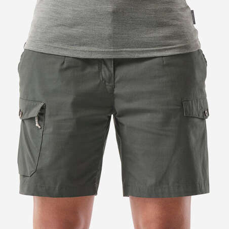 Short cargo en coton de trekking et voyage - TRAVEL100 - Vert Fonce - Femme