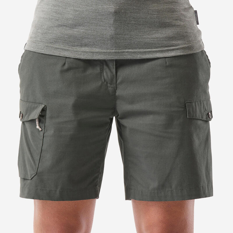 Katoenen cargoshort voor trekking en backpacking dames TRAVEL100 donkergroen