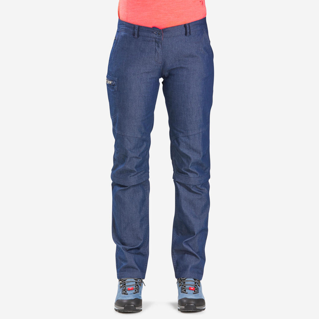 PANTALONE ZA TREKING TRAVEL 100 S RAJSFERŠLUSOM ŽENSKE - DENIM PLAVE