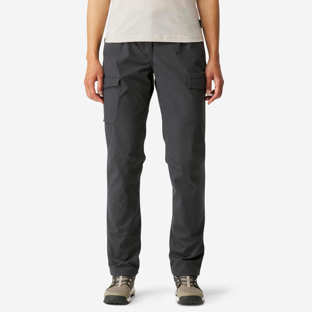 PANTALON CARGO EN COTON DE TREKKING & VOYAGE - TRAVEL 100 - GRIS- FEMME