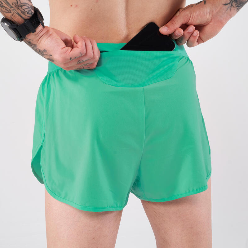 Pantaloncini running uomo RUN 500 COMFORT SPLIT verdi