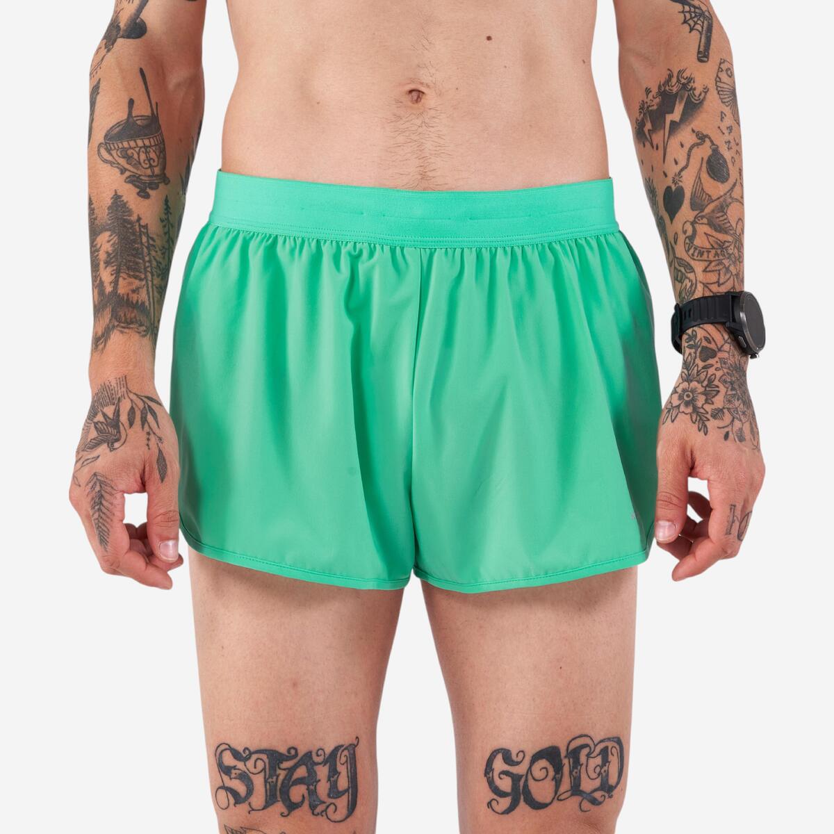 Short de running Homme - KIPRUN Run 500 Confort Split Vert menthe