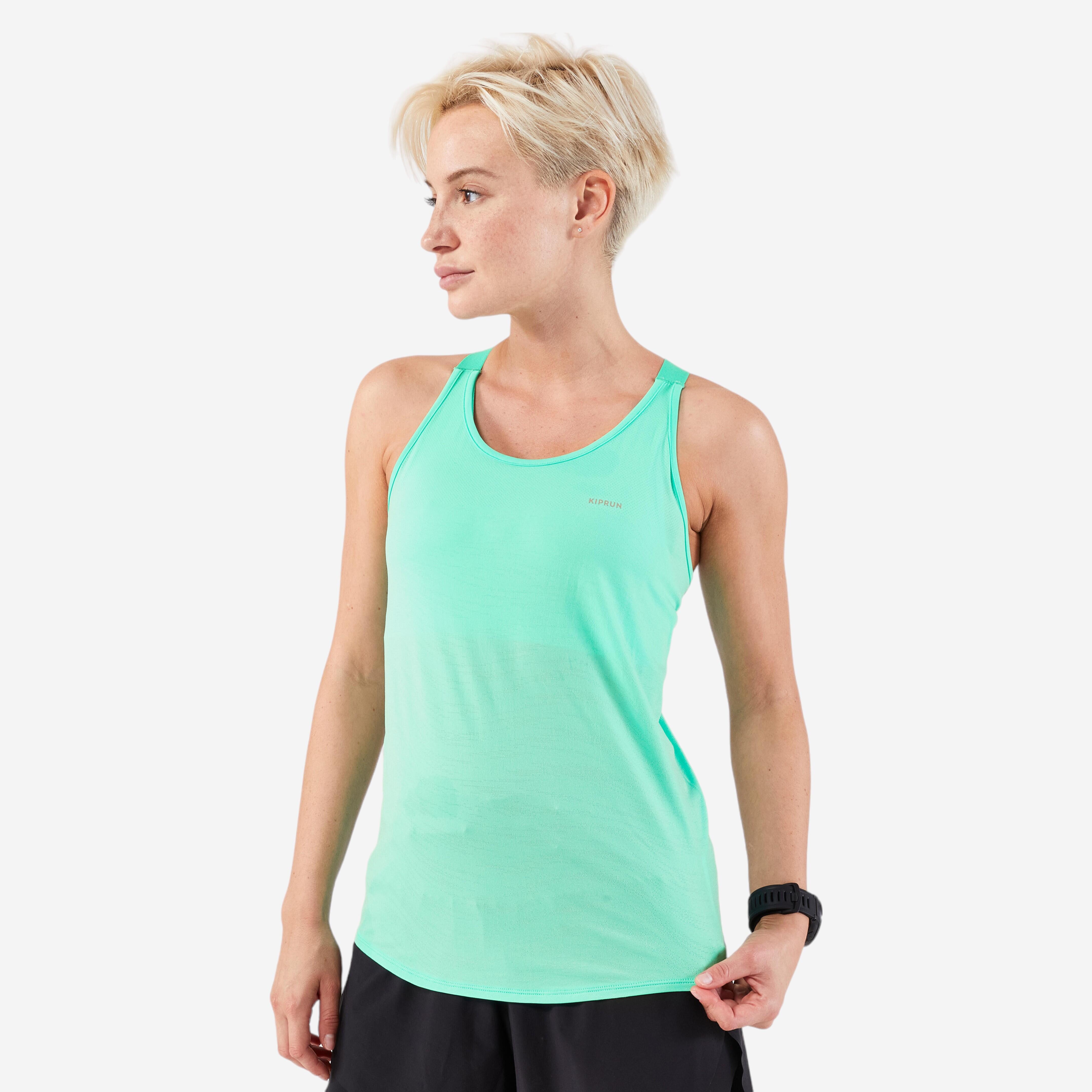 Women's running tank top with integrated bra - KIPRUN Run 500 Confort green