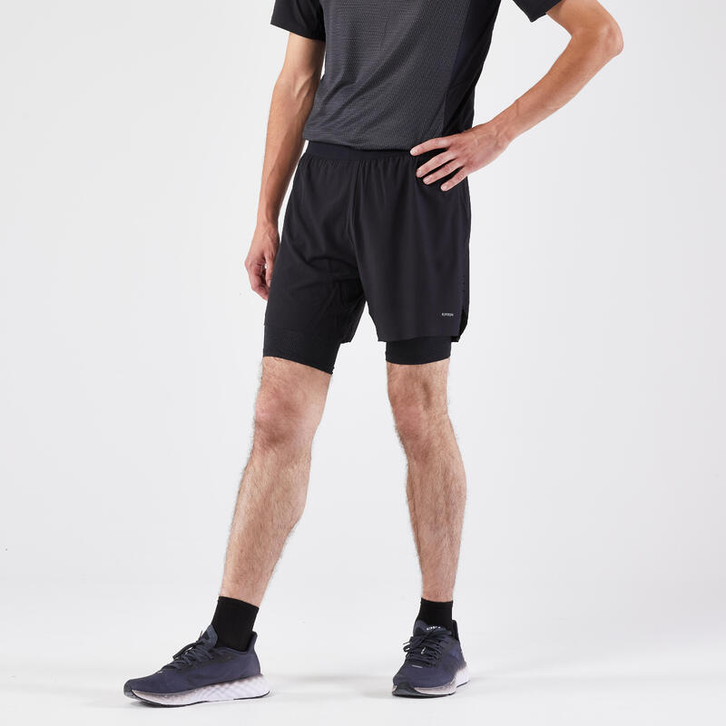 MEN'S RUNNING 2-IN-1 TIGHT SHORTS KIPRUN - Black