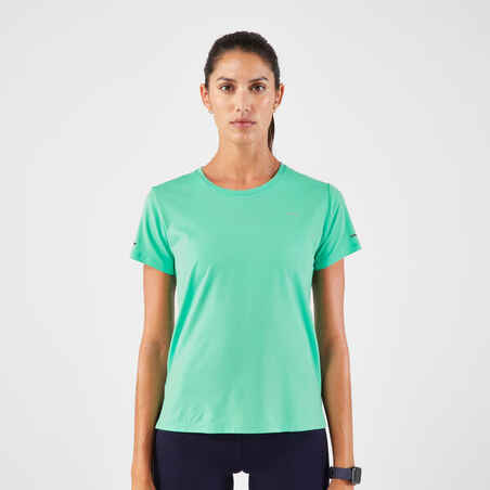 Zelena ženska zračna tekaška majica s kratkimi rokavi KIPRUN RUN 500 DRY