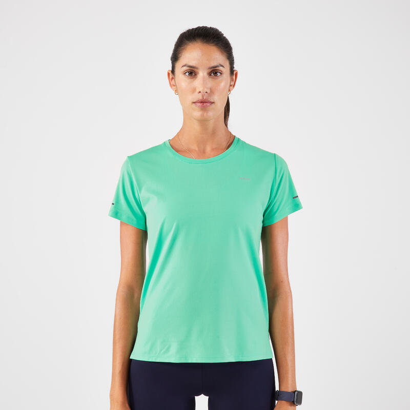 T-Shirt de Corrida Respirável Mulher Kiprun Run 500 Dry Verde