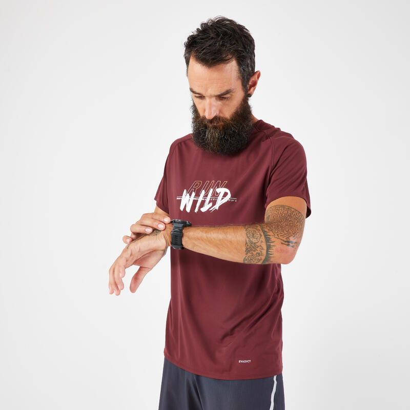 Tricou rezistent alergare Trail KIPRUN Run 500 Roșu închis cu imprimeu Bărbați