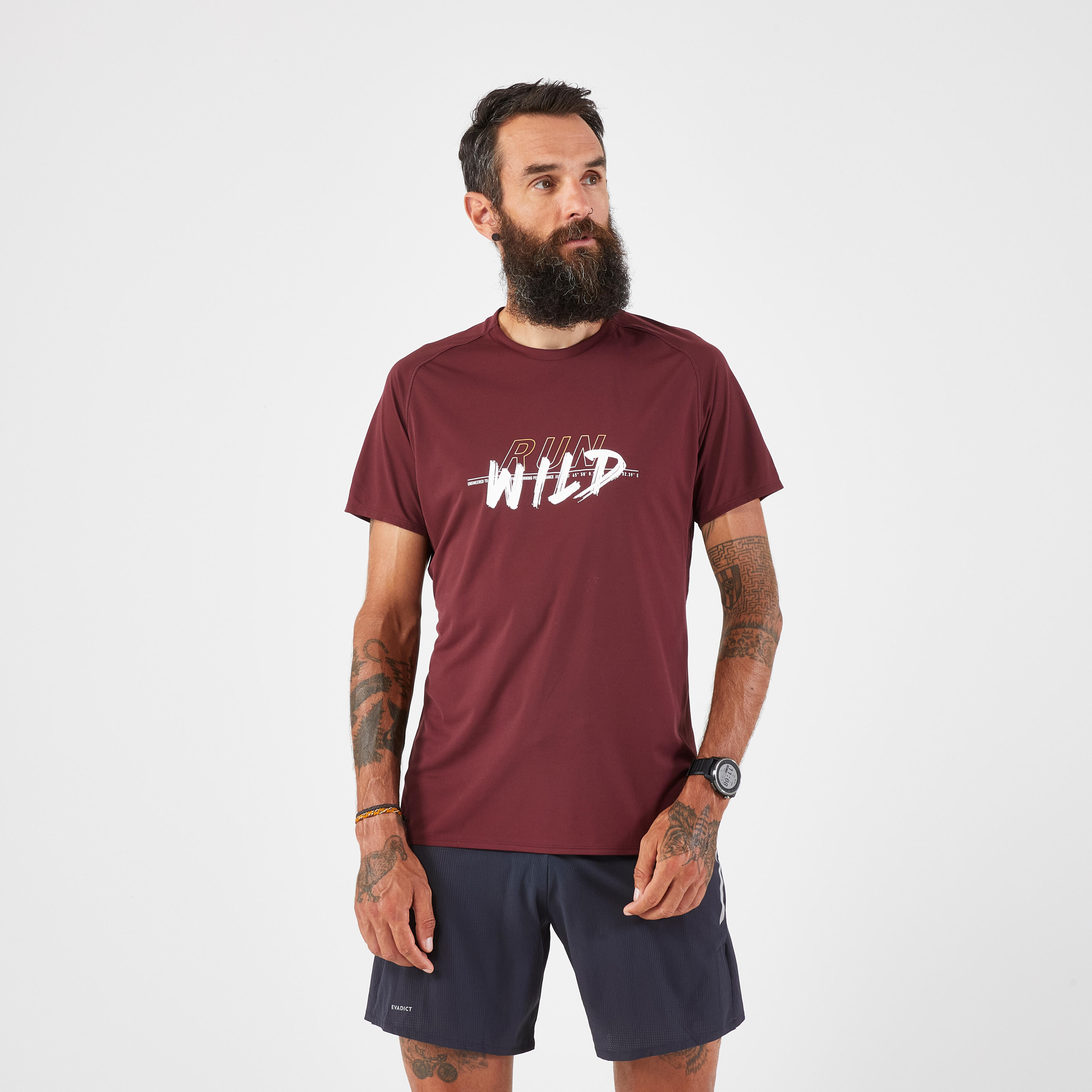 Men's Trail Running Resistant T-shirt-kiprun Run 500 Graph-dark Red