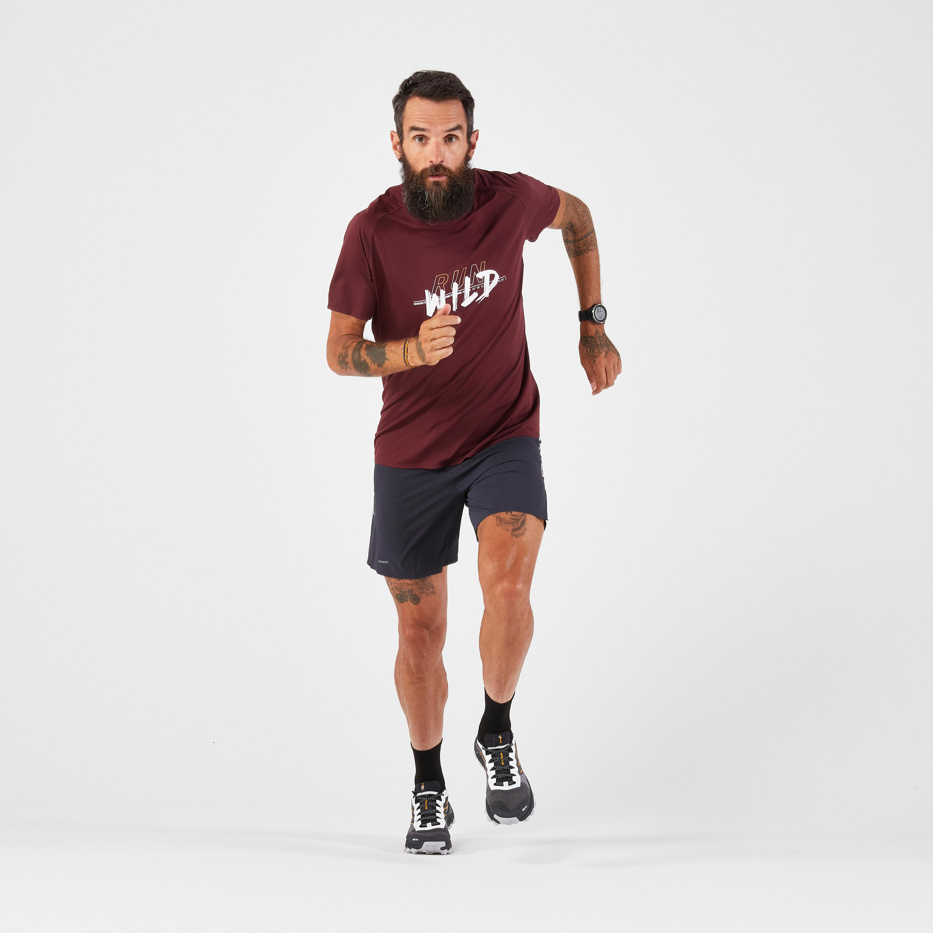 Men's Trail Running Resistant T-Shirt-KIPRUN Run 500 Graph-Dark Red 2/6