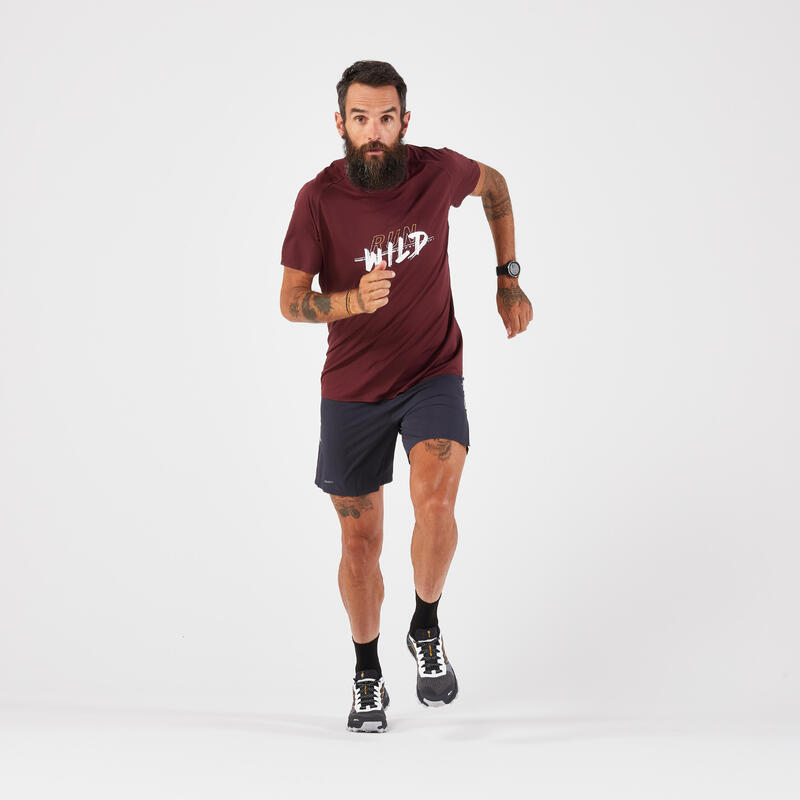 Tricou rezistent alergare Trail KIPRUN Run 500 Roșu închis cu imprimeu Bărbați