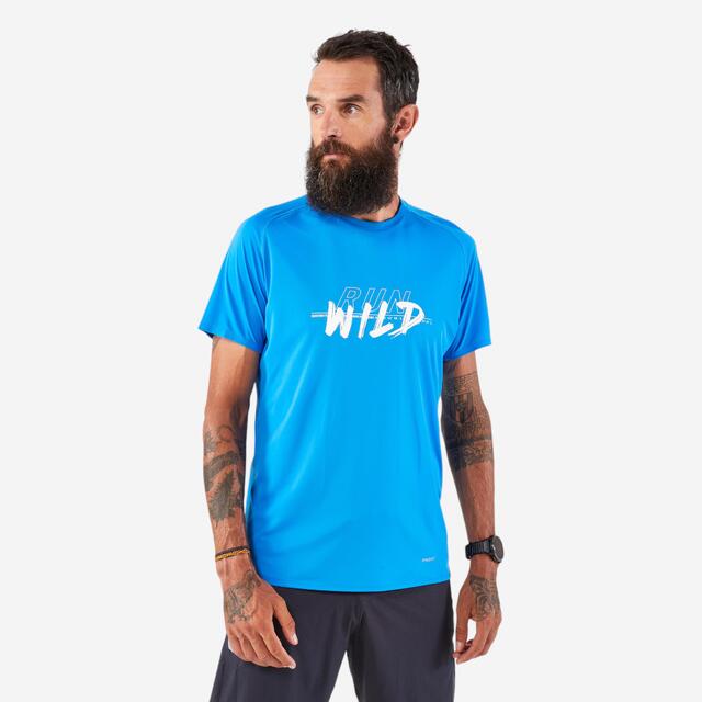 Laufshirt kurzarm Trailrunning Herren robust - Run 500 blau mit Grafikprint 