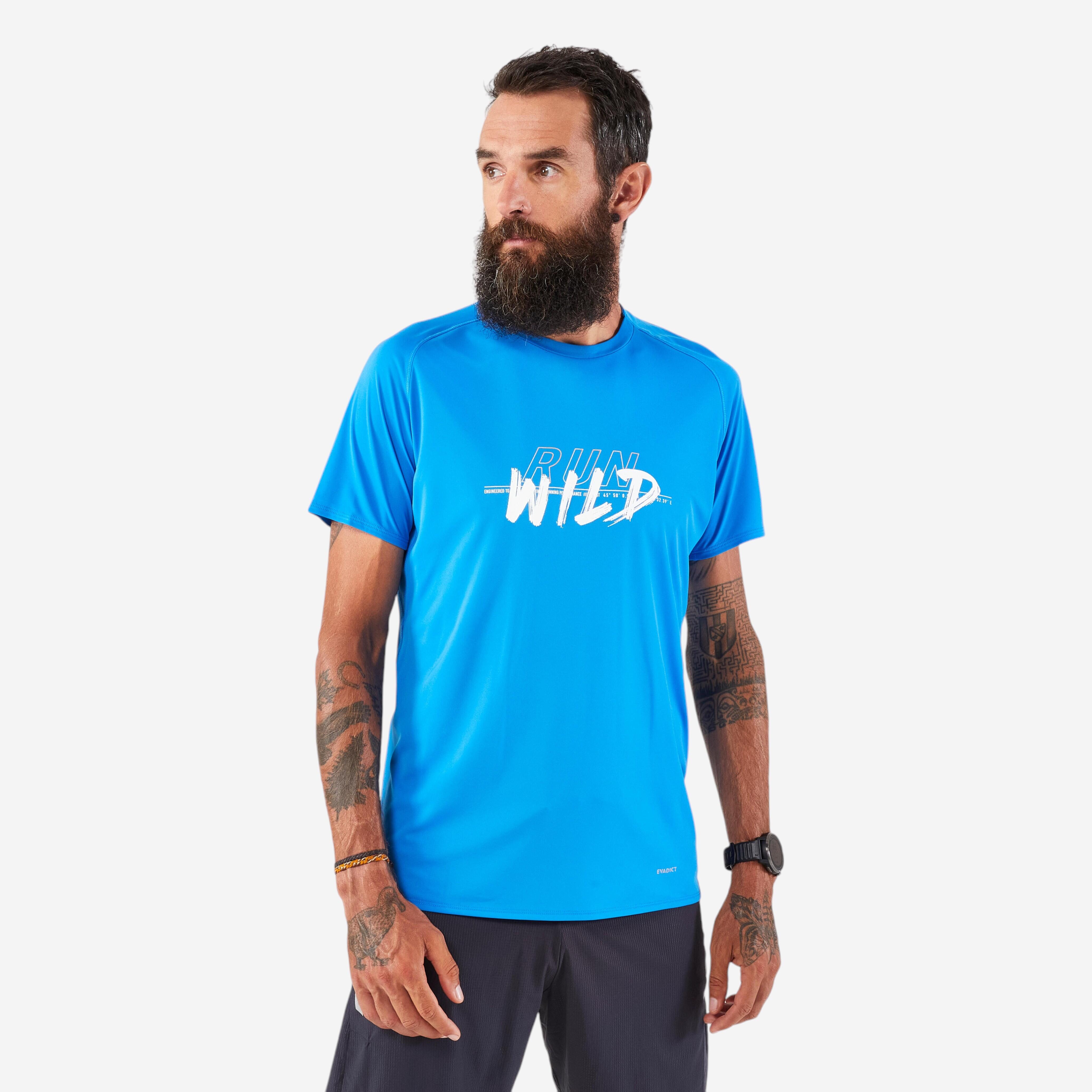 Playera running resistente Hombre KIPRUN Run 500 Grafismo Azul