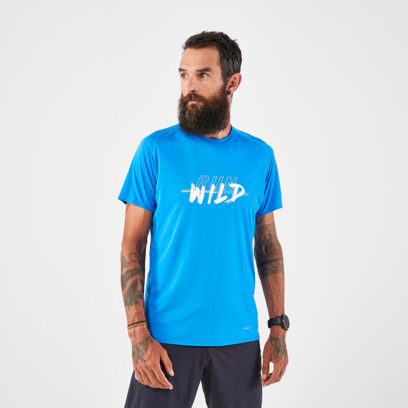 Laufshirt kurzarm Trailrunning Herren robust - Run 500 blau mit Grafikprint 