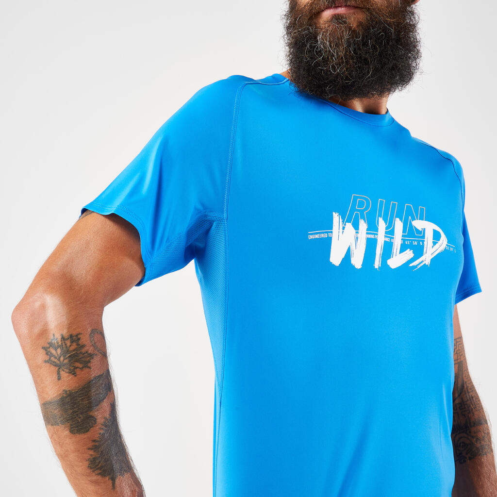 Pánske bežecké tričko Run 500 odolné s potlačou azúrovo modré