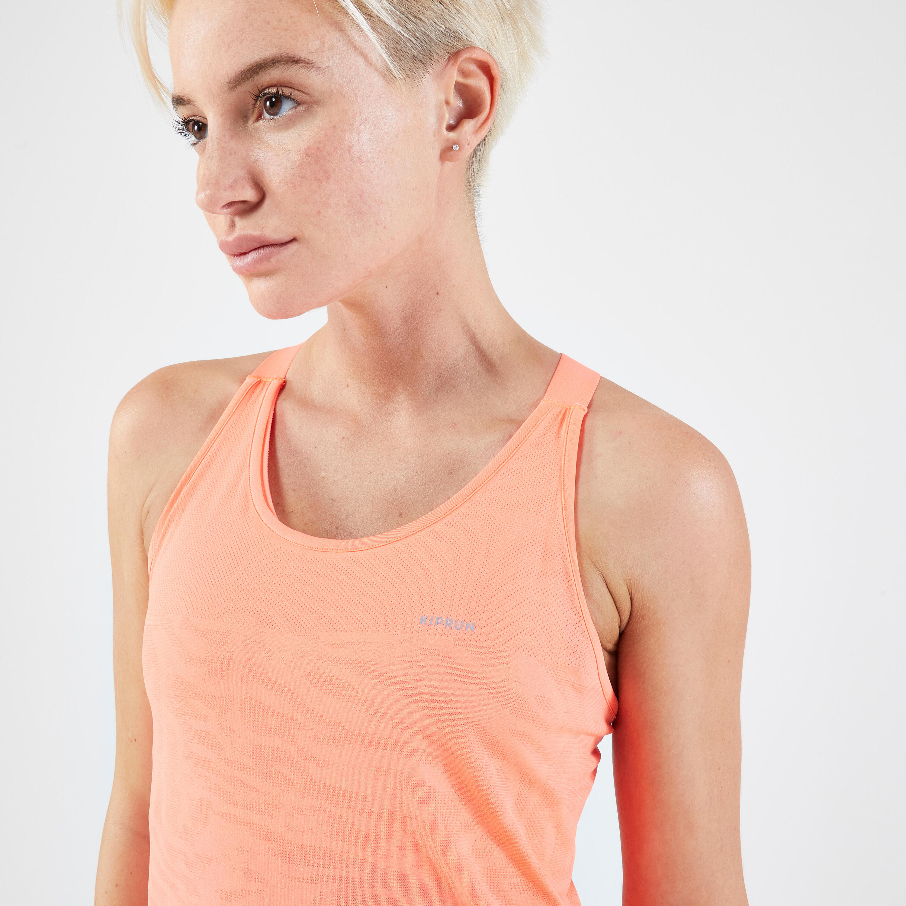 KIPRUN Run 500 women's running tank top with built-in bra - coral 4/7