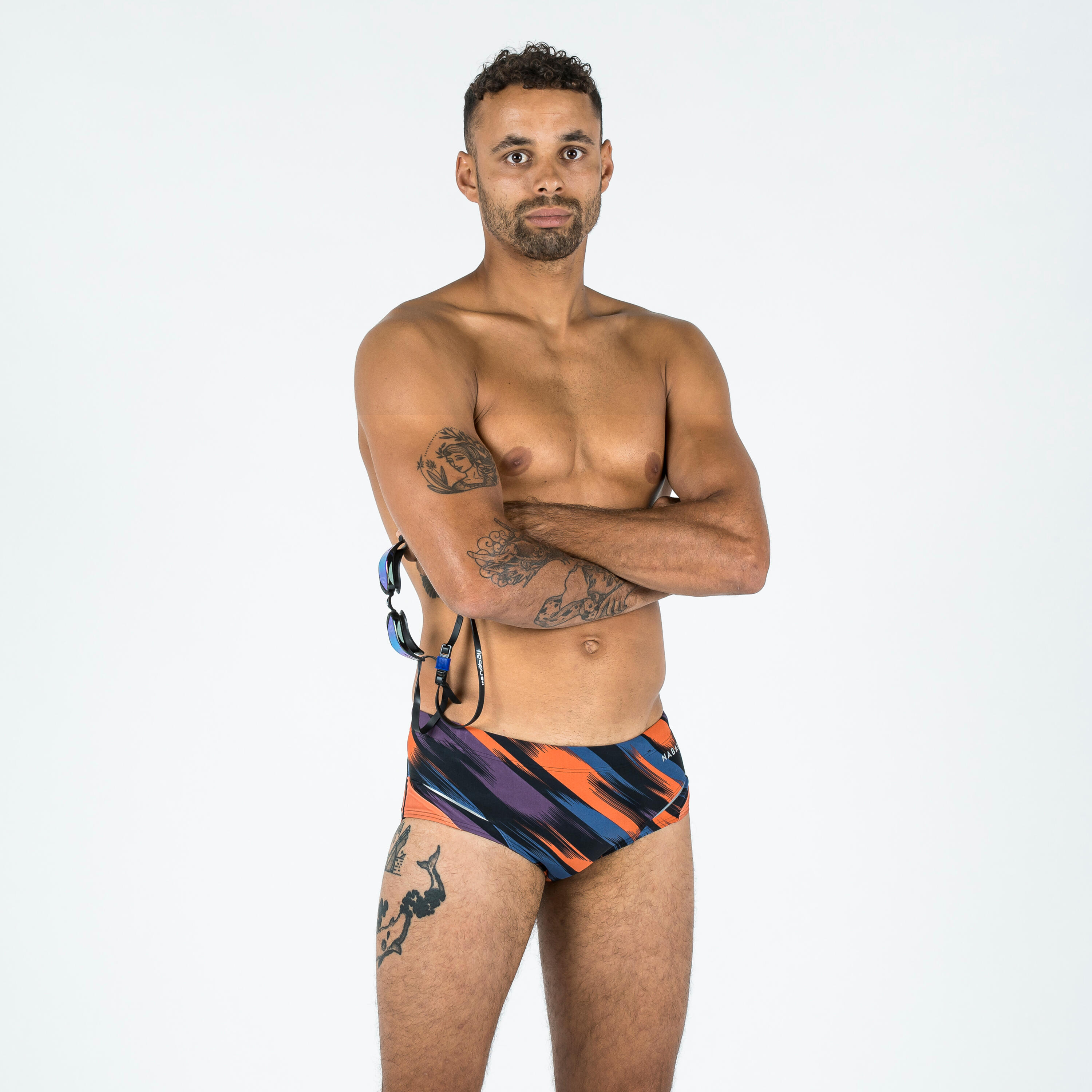 Men’s square-cut swimming briefs 900 baleo blue purple orange 2/11