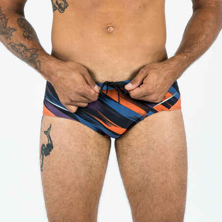 MEN'S SQUARE-CUT SWIMMING BRIEFS 900 BALEO BLUE PURPLE ORANGE