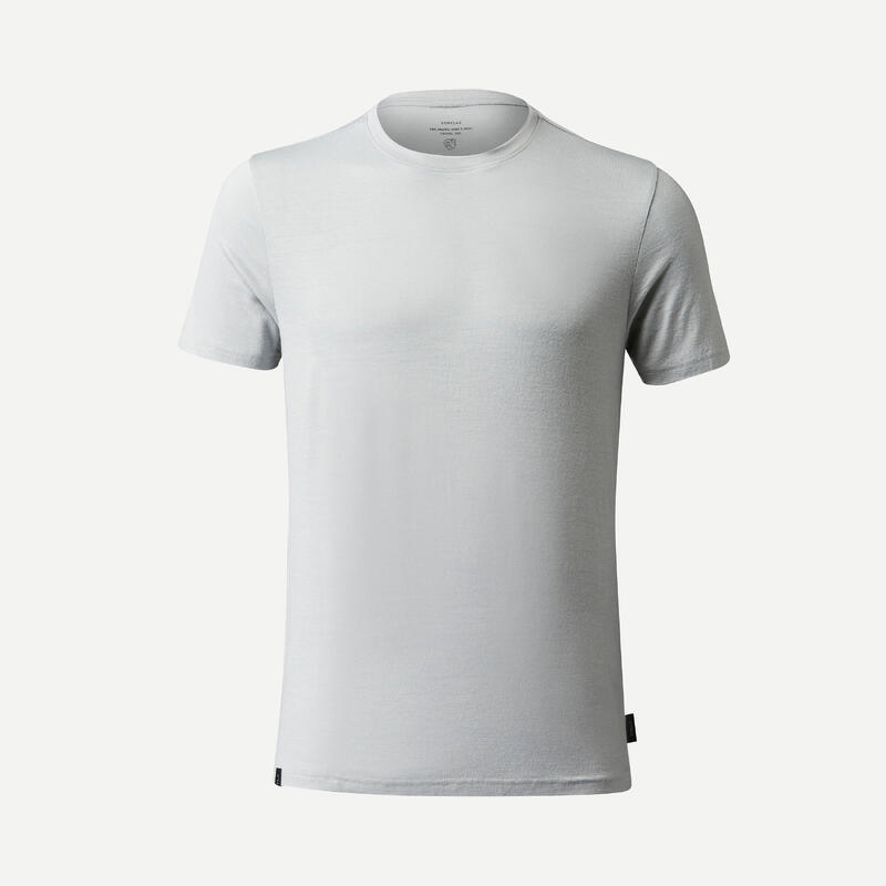 T-shirt lã merino de trekking viagem - TRAVEL 500 Cinzento Homem