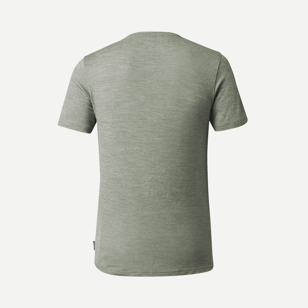 Pánske trekingové tričko Travel 500 s krátkym rukávom z vlny merino kaki